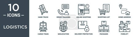Logistik Umriss Symbol-Set umfasst dünne Linie Hand LKW, Bestellverfolgung, Online-Shopping, Einkaufsliste, Adresse, Güterzug, Geolokalisierung Symbole für Bericht, Präsentation, Diagramm, Web-Design