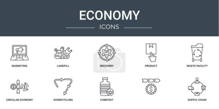 set of 10 outline web economy icons such as marketing, landfill, recovery, product, waste facility, circular economy, downcycling vector icons for report, presentation, diagram, web design, mobile