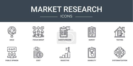 conjunto de 10 iconos de investigación de mercado web esquema tales como ágil, grupo focal, cuestionario, encuesta, pruebas, opinión pública, iconos de vectores de costos para el informe, presentación, diagrama, diseño web, aplicación móvil