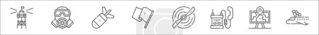 Ilustración de Esquema conjunto de iconos de línea de las fuerzas armadas. linear vector icons such as observation post, gas mask, missile, waving flag, airplane propeller, military radio, strategy map, airplane flag - Imagen libre de derechos