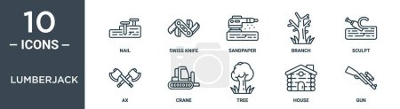 conjunto de iconos de esquema de leñador incluye clavo de línea delgada, cuchillo suizo, papel de lija, rama, esculpir, hacha, iconos de la grúa para el informe, presentación, diagrama, diseño web
