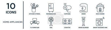 home appliances outline icon set such as thin line kitchen utensil, curtains, rice cooker, fan, mixer blender, smart washing hine, tv furniture icons for report, presentation, diagram, web design