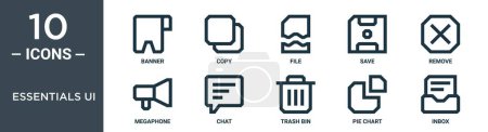 essentials ui outline icon set includes thin line banner, copy, file, save, remove, megaphone, chat icons for report, presentation, diagram, web design
