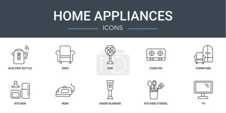 set of 10 outline web home appliances icons such as electric kettle, sofa, fan, cooktop, furniture, kitchen, iron vector icons for report, presentation, diagram, web design, mobile app