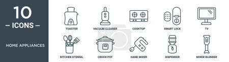 Haushaltsgeräte umreißen Symbol-Set umfasst dünne Linie Toaster, Staubsauger, Kochfeld, Smart-Lock, Fernseher, Küchenutensilien, Topftopf-Symbole für Bericht, Präsentation, Diagramm, Web-Design