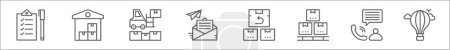 outline set of logistics line icons. linear vector icons such as checklist, warehouse, forklift, mail, return box, packages, order tracking, air balloon