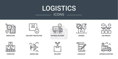 set of 10 outline web logistics icons such as inspection, delivery protection, express delivery, banned, air freight, conveyor, aeroplane vector icons for report, presentation, diagram, web design,