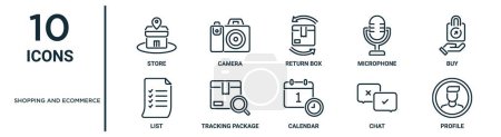 shopping and ecommerce outline icon set such as thin line store, return box, buy, tracking package, chat, profile, list icons for report, presentation, diagram, web design