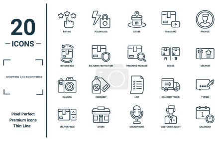 shopping and ecommerce linear icon set. includes thin line rating, return box, camera, delivery box, calendar, tracking package, typing icons for report, presentation, diagram, web design