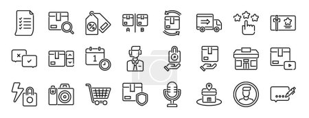 set of 24 outline web shopping and ecommerce icons such as list, tracking package, discount, boxes, return box, delivery truck, rating vector icons for report, presentation, diagram, web design,