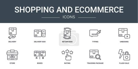 set of 10 outline web shopping and ecommerce icons such as delivery, delivery box, return box, typing, unboxing, store, boxes vector icons for report, presentation, diagram, web design, mobile app