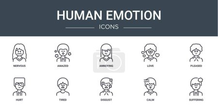 Satz von 10 Umrissen Web menschliche Emotionen Symbole wie nervös, erstaunt, ärgerlich, Liebe, erfreut, verletzt, müde Vektor-Symbole für Bericht, Präsentation, Diagramm, Web-Design, mobile App