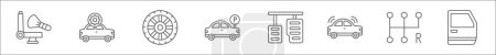 Umriss Reihe von Auto-Armaturenbrett Linie Symbole. Linearvektorsymbole wie Airbag, Autoservice, Reifen, Einparken, Bremspedal, Sensor, Schaltgetriebe, Autotür