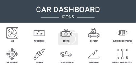 jeu de 10 icônes de tableau de bord de voiture Web contour tels que ventilateur, pare-brise, moteur, filtre à huile, convertisseur catalytique, haut-parleurs de voiture, icônes vectorielles d'allumage pour rapport, présentation, diagramme, conception Web, mobile