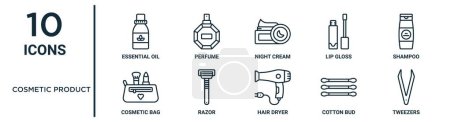 Illustration for Cosmetic product outline icon set such as thin line essential oil, night cream, shampoo, razor, cotton bud, tweezers, cosmetic bag icons for report, presentation, diagram, web design - Royalty Free Image