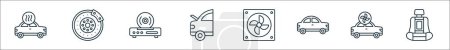 outline set of car dashboard line icons. linear vector icons such as heater, disc brake, cd player, trunk open, fan, car, ventilation, seat