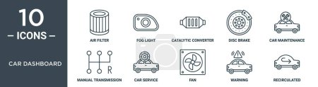 car dashboard outline icon set includes thin line air filter, fog light, catalytic converter, disc brake, car maintenance, manual transmission, car service icons for report, presentation, diagram,
