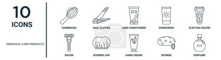 Téléchargez les illustrations : Produits de soins personnels ensemble d'icônes telles que brosse à cheveux fine ligne, après-shampooing, rasoir électrique, bonnet de douche, éponge, parfum, icônes de rasoir pour rapport, présentation, diagramme, conception web - en licence libre de droit