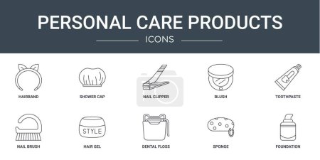 jeu de 10 icônes de produits de soins personnels tels que bandeau, bonnet de douche, coupe-ongles, blush, dentifrice, brosse à ongles, icônes vectorielles de gel capillaire pour rapport, présentation, diagramme, conception web,