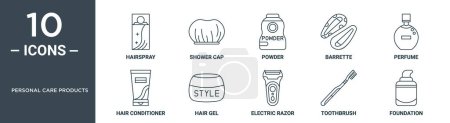 Ilustración de Personal care products outline icon set includes thin line hairspray, shower cap, powder, barrette, perfume, hair conditioner, hair gel icons for report, presentation, diagrama, web design - Imagen libre de derechos