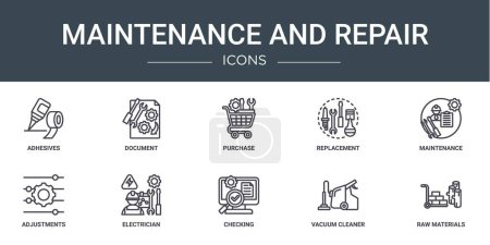 Ilustración de Conjunto de 10 iconos de mantenimiento y reparación web esquema tales como adhesivos, documento, compra, reemplazo, mantenimiento, ajustes, electricista vector iconos para el informe, presentación, diagrama, web - Imagen libre de derechos