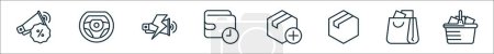 Ilustración de Esquema conjunto de iconos de línea de comercio electrónico. iconos vectoriales lineales como descuento, automoción, venta flash, pendiente, añadir, producto, bolsa de compras, cesta de la compra - Imagen libre de derechos