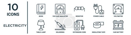 electricity outline icon set such as thin line book, resistor, voltmeter, soldering, insulating tape, car battery, table lamp icons for report, presentation, diagram, web design