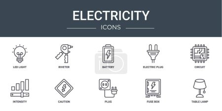 conjunto de 10 iconos de electricidad web contorno tales como luz led, remachador, batería, enchufe eléctrico, circuito, intensidad, iconos de vector de precaución para el informe, presentación, diagrama, diseño web, aplicación móvil