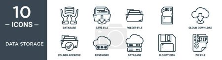data storage outline icon set includes thin line database, save file, folder file, , cloud download, folder approve, password icons for report, presentation, diagram, web design