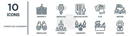 career and leadership outline icon set such as thin line univeristy, user evaluation, meeting, training, scientist, manager, binoculars icons for report, presentation, diagram, web design