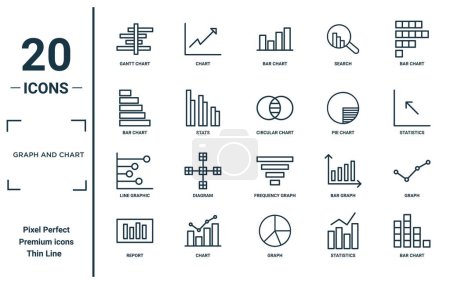 graph and chart linear icon set. includes thin line gantt chart, bar chart, line graphic, report, bar circular graph icons for report, presentation, diagram, web design