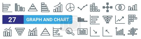 set of 27 outline web graph and chart icons such as bar chart, bar chart, pyramid bar graphs, frequency graph, report, gantt vector thin line icons for web design, mobile app.
