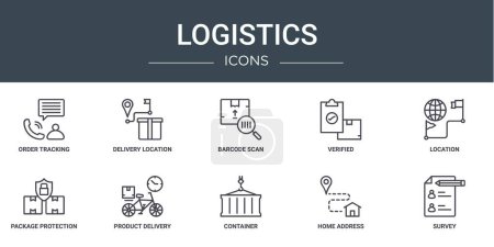 set of 10 outline web logistics icons such as order tracking, delivery location, barcode scan, verified, location, package protection, product delivery vector icons for report, presentation,