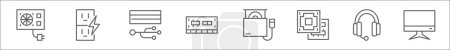 esquema conjunto de iconos de línea de hardware de la computadora. iconos de vectores lineales como psu, toma de corriente, puerto USB, ram, dvd rom, cpu, auriculares, monitor