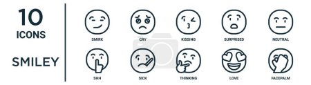 Illustration for Smiley outline icon set such as thin line smirk, kissing, neutral, sick, love, facepalm, shh icons for report, presentation, diagram, web design - Royalty Free Image