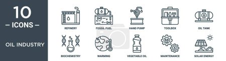 conjunto de iconos del esquema de la industria petrolera incluye refinería de línea delgada, combustible fósil, bomba de mano, caja de herramientas, tanque de aceite, bioquímica, iconos de calentamiento para el informe, presentación, diagrama, diseño web