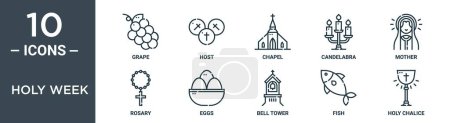 holy week outline icon set includes thin line grape, host, chapel, candelabra, mother, rosary, eggs icons for report, presentation, diagram, web design