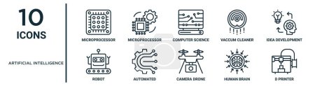 conjunto de iconos de esquema de inteligencia artificial como microprocesador de línea delgada, ciencias de la computación, desarrollo de ideas, automatizado, cerebro humano, impresora d, iconos de robot para informe, presentación, diagrama, web