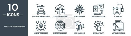conjunto de iconos de esquema de inteligencia artificial incluye silla de ruedas eléctrica de línea fina, computación en nube, cerebro humano, conexión wifi, impresora d, microprocesador, iconos de microprocesador para el informe,