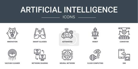 set of 10 outline web artificial intelligence icons such as innovation, smart glasses, automated, robot, conveyor, vaccum cleaner, network sharing vector icons for report, presentation, diagram, web