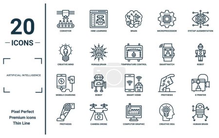 artificial intelligence linear icon set. includes thin line conveyor, creative mind, mobile charging, prothesis, human brain, temperature control, d printer icons for report, presentation, diagram,