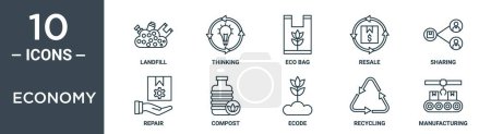 conjunto de iconos de esquema económico incluye vertedero de línea delgada, pensamiento, bolsa ecológica, reventa, compartir, reparación, iconos de compost para el informe, presentación, diagrama, diseño web