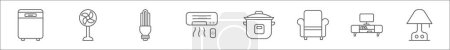 outline set of home appliances line icons. linear vector icons such as dishwasher, fan, led light, air conditioner, crock pot, sofa, tv furniture, table lamp