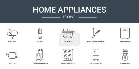 set of 10 outline web home appliances icons such as curtains, led light, laundry, hair straightener, dishwasher, kettle, vaccum cleaner vector icons for report, presentation, diagram, web design,