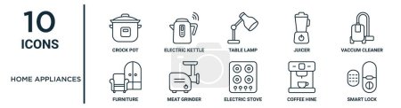 home appliances outline icon set such as thin line crock pot, table lamp, vaccum cleaner, meat grinder, coffee hine, smart lock, furniture icons for report, presentation, diagram, web design