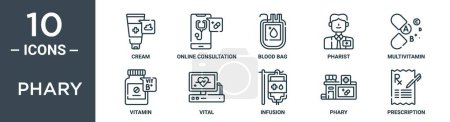 phary outline icon set includes thin line cream, online consultation, blood bag, pharist, multivitamin, vitamin, vital icons for report, presentation, diagram, web design