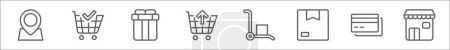 outline set of ecommerce ui line icons. linear vector icons such as location, checkout, gift, return, trolley, delivery box, debit card, store