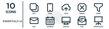 essentials ui outline icon set such as thin line copy, cloud, funnel, calendar, mail, presentation, mail icons for report, presentation, diagram, web design