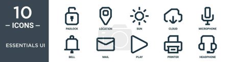 essentials ui outline icon set includes thin line padlock, location, sun, cloud, microphone, bell, mail icons for report, presentation, diagram, web design
