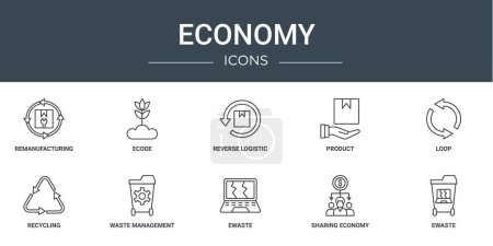 set of 10 outline web economy icons such as remanufacturing, ecode, reverse logistic, product, loop, recycling, waste management vector icons for report, presentation, diagram, web design, mobile